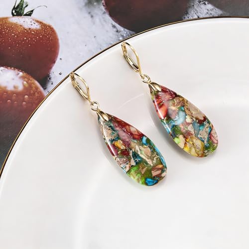 XGALBLA Boho Long Teardrop Stone Dangle Drop Earrings for Women Natural Healing Stone Leverback Earrings Statement Gold Tone - color: Colorful- Golden Leverback