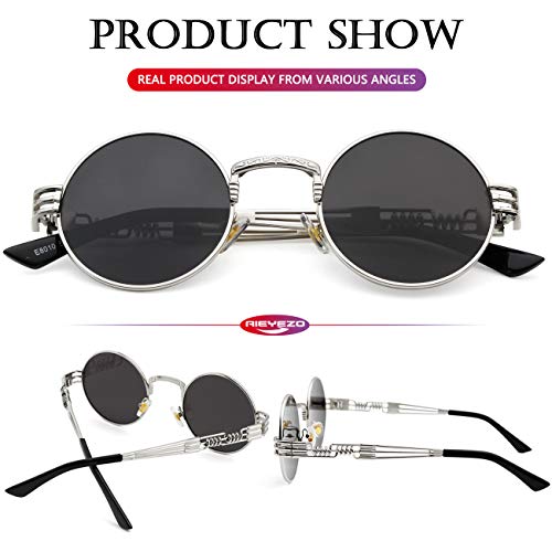 AIEYEZO Round Steampunk Sunglasses for Men Women Retro Circle Hippie Glasses Metal Frame 100% UV Blocking Lens - color: Silver/Grey