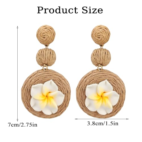 Boho Raffia Ball Earrings for Women, Handmade Statement Drop Earrings Straw Dangle Earrings Beach Vacation Jewelry - color: Brown flowers