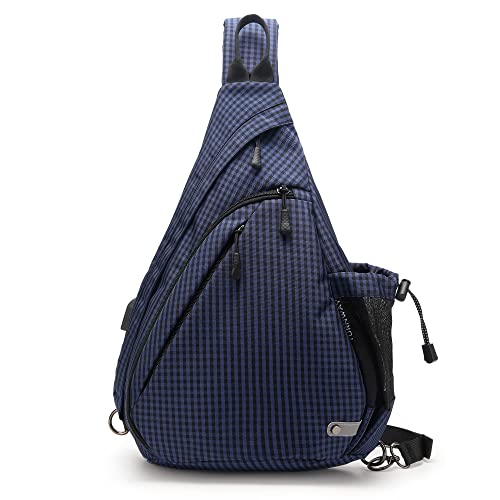 TurnWay Water-Proof Sling bag/Crossbody Backpack/Shoulder Bag with USB Charging Port for Travel, Hiking, Cycling, Camping - color: Blue Grid