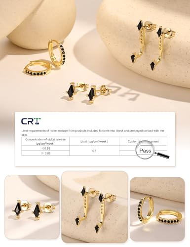 GEORGE · SMITH Stackable Kite Stud Earrings Set for Women, Gold & Silver Huggie Birthstone Jewelry with Emerald Green & Blue Sapphire, Trendy Earrings for Women 2025 - color: Gold,Black CZ