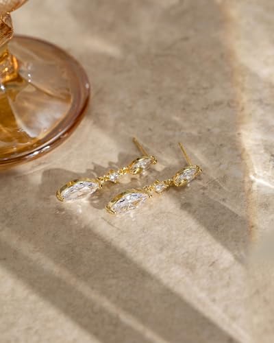 HANLI Dangle Earrings for Women – 14K Gold Plated/Silver Drop Earrings Sparkly CZ Gold Dangle Earrings Elegant Dangling Earrings for Wedding Bridal Prom Jewelry - color: 3-Dangle CZ Gold
