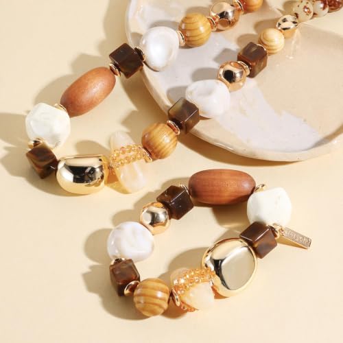 Beaded Gold Statement Necklace for Women Boho Mixed Metal Collar Necklace Bracelet Set Summer Vacation Jewelry（BN-ST109-Golden-）