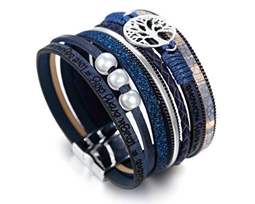 Fesciory Leather Wrap Bracelets for Women, Boho Leopard Multi-Layer Crystal Beads Cuff Bracelet Jewelry - color: B26:Tree of Life(Blue)