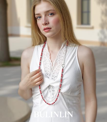 BULINLIN Layered Long Necklaces for Women Long Beaded Chain Necklace CostumeJewelry Mothers Day Gifts for Mom - color: 96-Red
