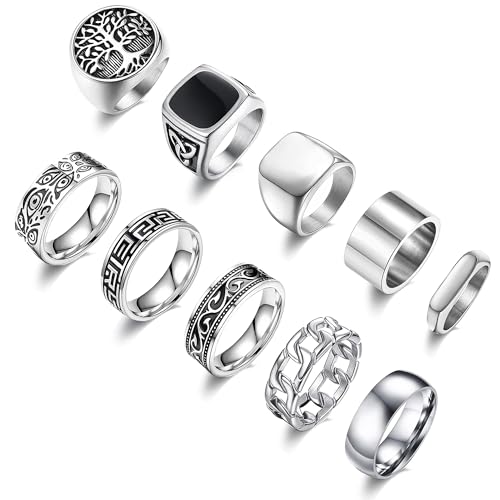 MEDOJO 10 Pcs Men's Stainless Steel Vintage Signet Ring Square Pinky Thumb Chunky Thin Band Ring Vintage Biker Band Rings Set 7-13 - color: Silver