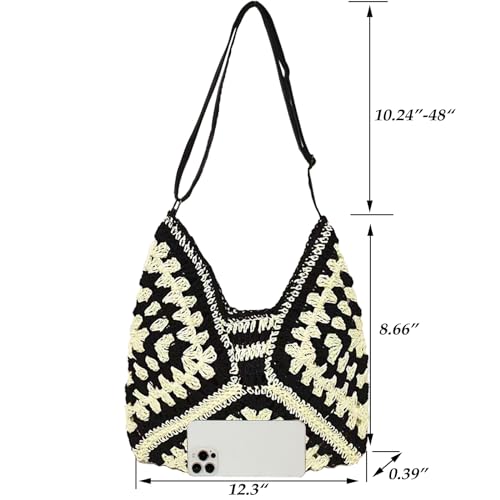 Straw Hobo Bag for Women 2026 Boho Woven Beach Purse Large Summer Straw Tote with Lining Black Raffia Shoulder Bag | straw material - color: Black2 With Adjustable Strap