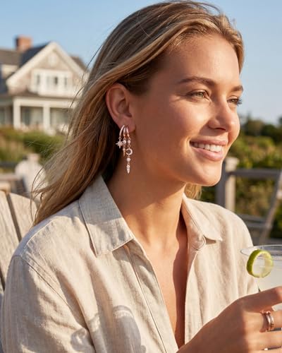 MUMREUES Gold Earrings for Women Trendy 14K Gold Plated Dangle Earrings Small Hoop Huggie Drop Stud Earrings Cubic Zirconia Simple Minimalist Dainty Chain Tassel Hypoallergenic Earrings - color: Celestial & Rose Gold