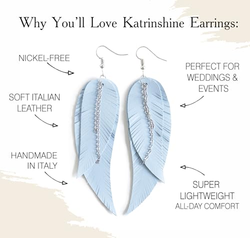 Black shiny Leather Feather Earrings for Women, Lightweight Minimal Boho Dangle Earrings, Small Simple Everyday Jewelry - color: baby blue