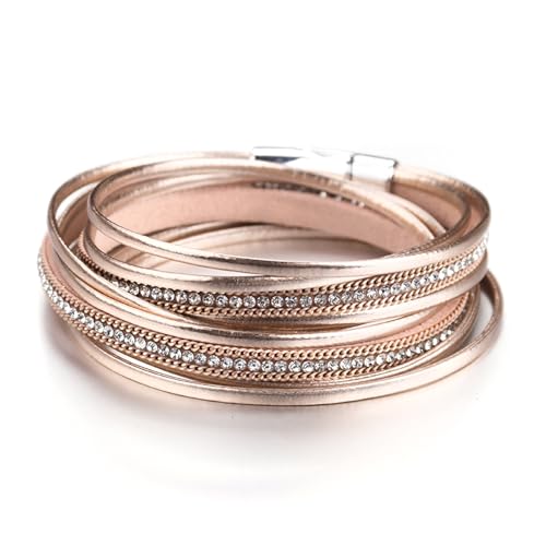 Fesciory Leather Wrap Bracelets for Women, Boho Leopard Multi-Layer Crystal Beads Cuff Bracelet Jewelry - color: B23:Champagne Rhinestone(Double Wrap)
