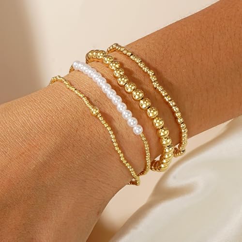 14K Gold Plated Beaded Bracelets Stack Set for Women,Stretch Boho Colorful Beads Ball Jewelry Friendship Summer Trendy - color: Pearl
