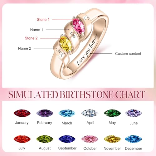 MissNaNa Mothers Ring With 1/2/3/4/5/6 Birthstones Personalized Engraved Name Rings for Women Stacking Birthstone Ring for Mom Grandma Daughter Wife Birthday Christmas Gift - color: 2 Birthstones