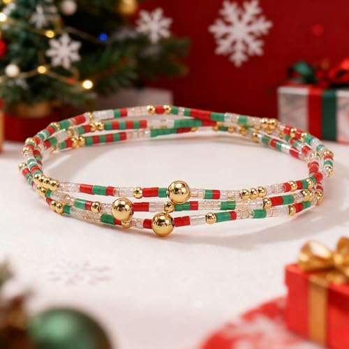 Colorful Beaded Bracelet Stack for Women,3PCS Handmade Bohemian Gold Plated Ball Stretch Stackable Bracelets Set Fashion Jewelry Gift Friendship - color: Christmas