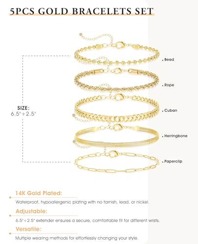 Dainty Gold Bracelets for Women, 14K Gold Plated Stackable Bracelet Set, Adjustable Beaded Cuban Paperclip Herringbone Figaro Snake Rope Chain Jewelry - style: Set4 Gold 5Pcs