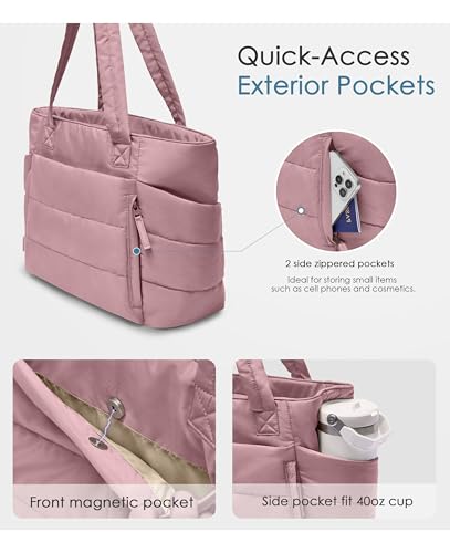 Tote Bag for Women with Zipper, Quilted Puffer Tote Bag with Compartments, Lightweight Puffy Work Bags for Women Travel - color: Mauve Pink