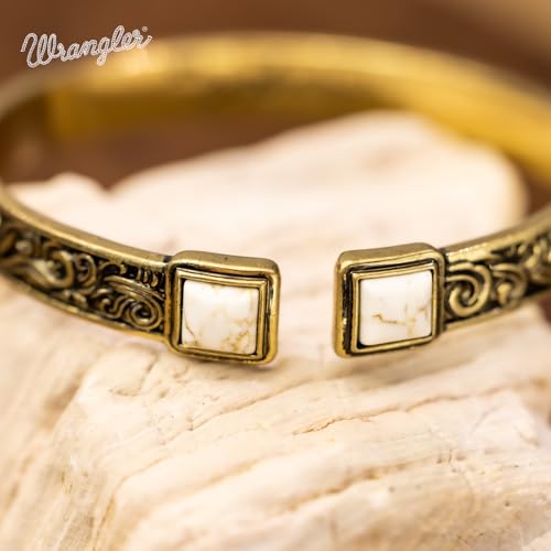 Montana West Wrangler Cuff Bracelet for Women Western Turquoise Adjustable Open Bangle Silver Plated Carved Floral Cowgirl Country Jewelry - color: Gold-White