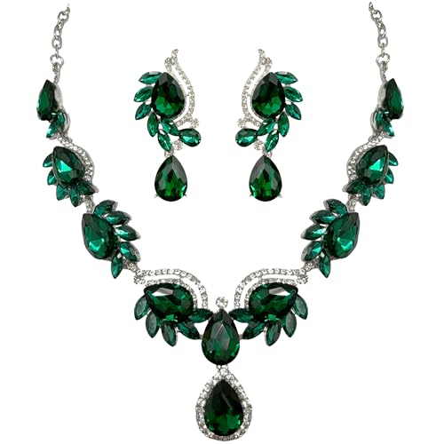 Women Jewelry Set Rhinestone Crystal Bride Statement Choker Necklace Teardrop Cluster Dangle Earrings Set for Wedding Prom Party - color: emerald