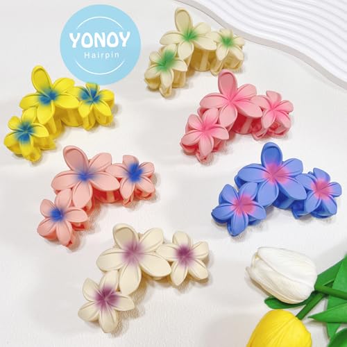 YONOY 6Pcs Flower Hair Clips for Women,Non-Slip Matte Flower Hair Clips for Women,Hawaiian Hair Flower Clip Large Plumeria Strong Hold Hair Claws Banana Cute Clip Beach Hair Accessories - color: Color E