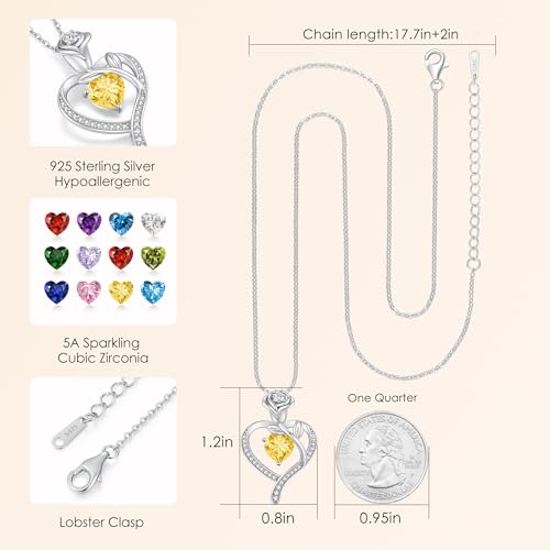 LOUISA SECRET Rose Flower Heart Birthstone Necklaces for Women, 925 Sterling Silver Jewelry, Pendant Heart Necklaces Birthday Anniversary Christmas Gift for Women Wife Mom Girlfriend Lady - color: White Gold-11-Nov