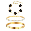 Womens Stackable Floral Gold Bracelets - 3Pcs 18K Gold Plated Bracelet,Stainless Steel Bangle Bracelets Non Tarnish, Gold Bracelet Set Trendy Jewelry,Christmas Valentines Birthday Gifts for Girlfriend - color: Black