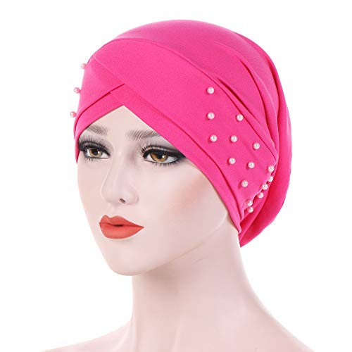 Women Beaded Silky Beanie, Pre-Tied Turban Head Wrap Cap for Chemo Chemical Cancer Hair Loss Cover Hat - color: Rose Red
