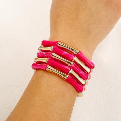 Gold Tube Bangle Bracelets for Women Stackable Bamboo Chunky Acrylic Beads Stretch Friendship Summer Beach Bracelet Jewelry - color: Red