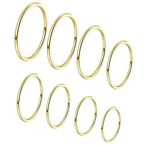 8pcs 1MM Thin Stainless Steel Knuckle Midi Stacking Rings for Women Plain Band Comfort Fit - color: Dome - Gold 8pcs(size 3 to 10)