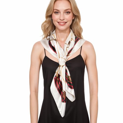 RIIQIICHY Head Scarf for Women Like Silk Scarf Hair Scarf Printed Square Scarf Bandanas for Women 35 Inches - color: Ivory/Gold/Red/Green