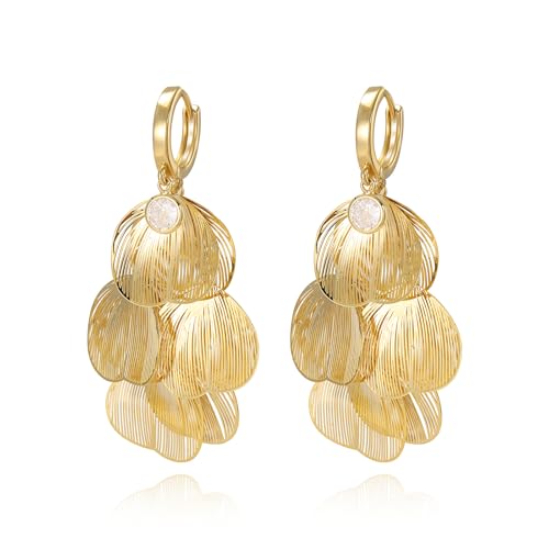 Boho Flower Layered Floral Leaf Drop Dangle Earring For Women,Metal CZ Gold Lightweight Flower Bohemian Gold Petal Exaggerated Jewelry Earrings For Women Brides Party Prom Wedding - color: Gold