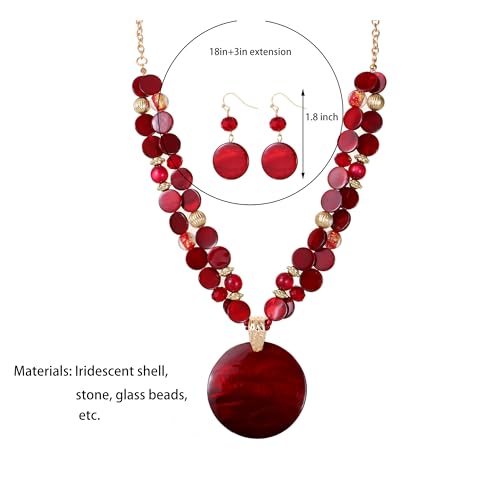 Layered Beads Statement Fashion Necklace Chunky Jewelry Set Big Colorful Glass Stone Circle Shell Pendant Choker Necklace and Earring Set for Women - color: burgundy
