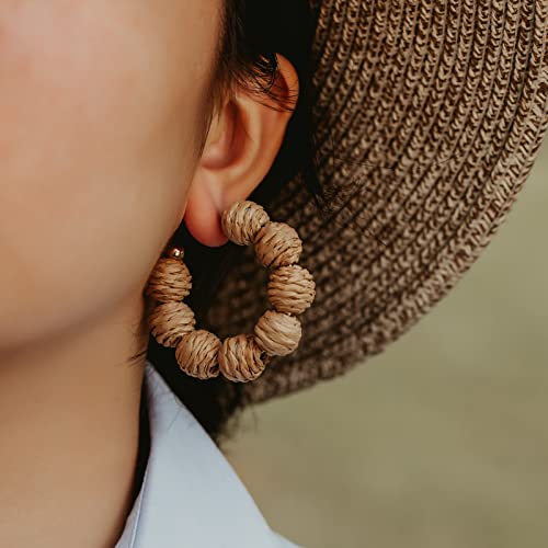 Raffia Hoop Earrings Statement Boho Beaded Earrings Cute Rattan Handmade Colorful Jewelry for Women Unique Summer Outfits - color: Wheat