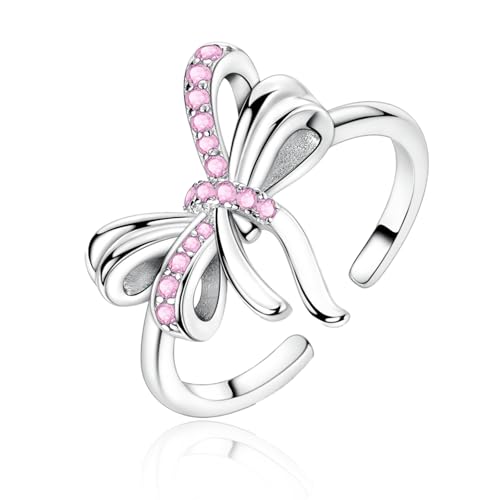 PARCOM Adjustable Women Stackable Ring, 925 Sterling Silver Open Rings - Trendy Eternity Cubic Zirconia Stackable Band Engagement Promise Ring for Her, Hypoallergenic Non Tarnish Nature Bird Floral Thumb Rings - color: Pink Bow