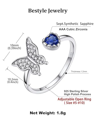 Bestyle 925 Sterling Silver Butterfly Ring Hypoallergnic Adjustable Birthstone Rings for Women Butterfly Jewelry Gifts for Anniversary Mothers' Day Birthday - color: 09.September (Sapphire)-Ring Delicate