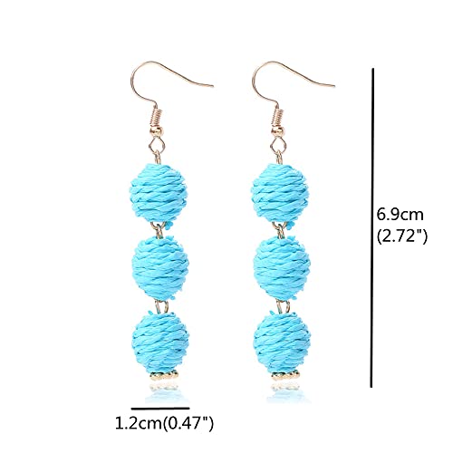 Lightweight Boho Thread Raffia Earrings for Women Handmade Braided Straw Wicker Lantern Ball Earrings Summer Beach Bohemian Geometric Earrings Holiday - color: blue