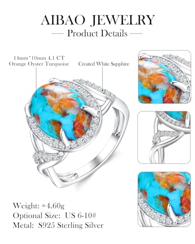 AIBAO 4-12 Ct Large Oval Engagement Rings for Women Natural Turquoise/Lapis Lazuli/Malachite Celtic/Infinity/Love Knot Halo Ring Size 6 to 10 Anniversary Christmas Valentines Gift - style: 4.6 Ct Orange Oyster Turquoise & Created White Sapphire