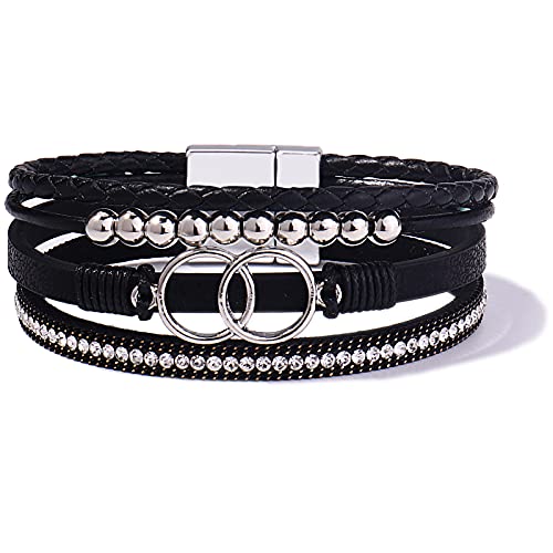 FANCY SHINY Boho Leather Wrap Bracelet Stackable Infinity Chunky Cuff Bracelets Western Hippie Outfits Jewelry Valentine Gifts for Women - color: Black