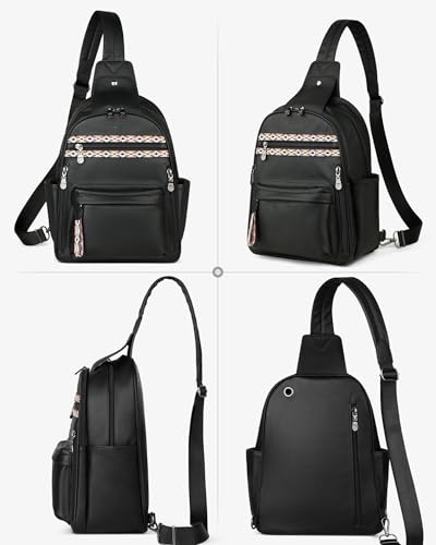 FADEON Large Sling Bag for Women, Leather Crossbody Purse Designer Anti Theft Sling Backpack, RFID Fanny Packs for Travel - color: Pure Black