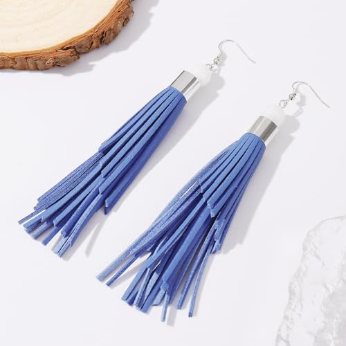 Coiris Boho Leather Layered Tassel Earrings for Women Lightweight Leather Fringe Dangle Earrings Handmade Bohemian Summer Beach Western Drop Earrings for Women - color: Blue
