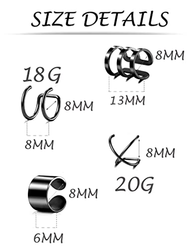 Tornito 4-10 Pairs Stainless Steel Ear Cuff Helix Cartilage Clip On Wrap Earrings Fake Nose Ring Non-Piercing Adjustable - color: E1:4 Pairs, Black Tone