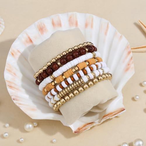 XIANNVXI 7pc Heishi Clay Bead Bracelets for Women Gold Plated Beaded Bohemian Stackable 6.8In Stretch Bracelets Elastic Layering Friendship Jewelry Boho Gift Set - color: Light Brown