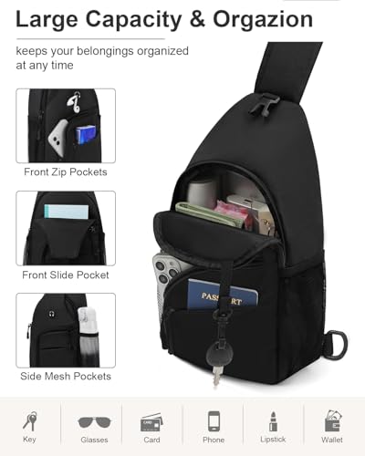 Pritent Crossbody Bags for Women Man Waterproof Sling Bag Backpack Trendy Casual Cross Body Bag with Convertible Shoulder Strap Chest Bag for Camping Hiking Travel Essentials (Black, Medium ) - color: Black, size: Medium