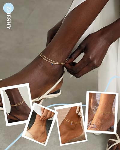 ZHESHY Ankle Bracelets for Women Gold Anklets with Birthstone 14K Gold Plated Dainty Layered Anklets Waterproof Non Tarnish Chain Anklet Bracelets Summer Beach Jewelry Birthday Gifts - color: 09.September(Sapphire）