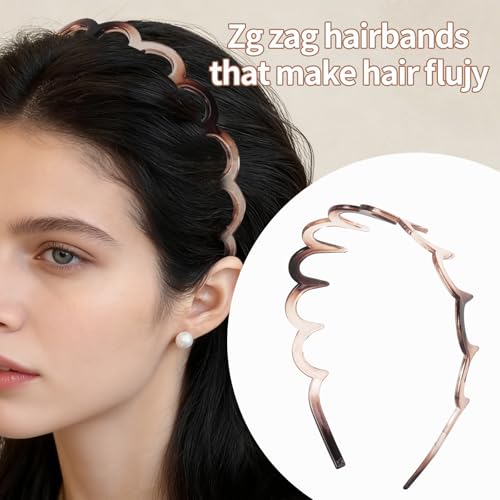 Zigzag Headbands for Women, 2-Pack U-Shaped Hair Comb Headband, Non-Slip Slick-Back Hair Accessories, Tortoiseshell & Amber Gray Recycled Plastic, Teeth Hairband for Everyday Styling & Workout - color: Tortoiseshell Gray & Amber Gray
