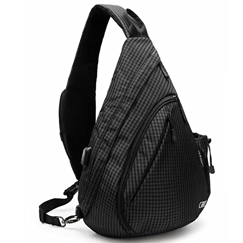 TurnWay Water-Proof Sling bag/Crossbody Backpack/Shoulder Bag with USB Charging Port for Travel, Hiking, Cycling, Camping - color: Black Grid