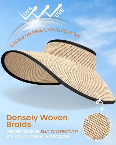 Womens Sun Visor Hats Wide Brim Straw Beach Hat UV Protection Ponytail Packable Beach Vacation Essentials - color: Beige With Black