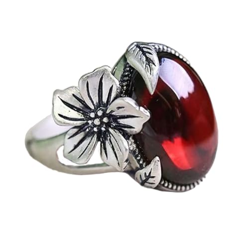 Boho Oval Stone Flower Leaf Statement Ring for Women Antique Silver Plated Vintage Crystal Plum Blossom Adjustable Open Wrap Rings Comfort Fit Retro Gemstone Art Decor Wedding Engagement Jewelry - color: Red