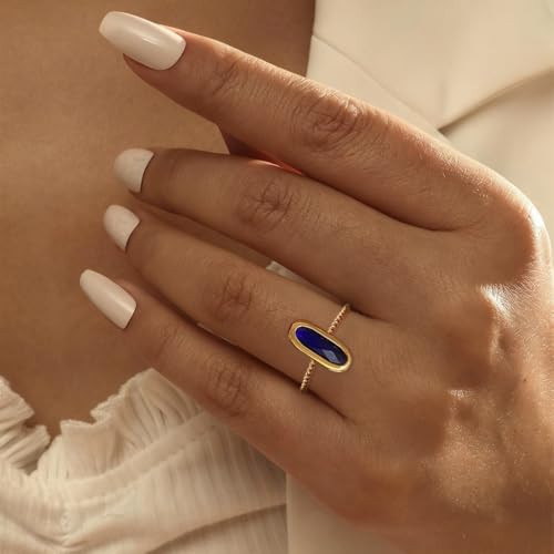 18K Gold Plated Adjustable Twisted Rings for Women Non Tarnish Oval Czech Glass Stone Stainless Steel Statement Rings Open Gemstone Boho Stackable Band Jewelry - color: Royal Blue