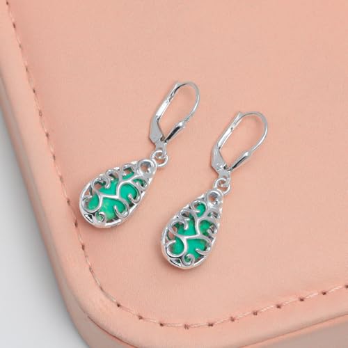 LeCalla 925 Sterling Silver Filigree Dangle Drop Leverback Earrings for Women | Long 925 Silver Dangle Leverback Earrings Hypoallergenic Filigree Tear drop Earrings Jewelry - style: Filigree Green Turquoise-35mm