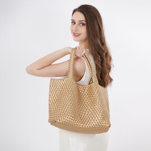 Woven Tote Bag Womens Purse Vegan Leather Shoulder Handbags Fashion Summer Beach Tote Bags Large Travel Totes - color: Golden