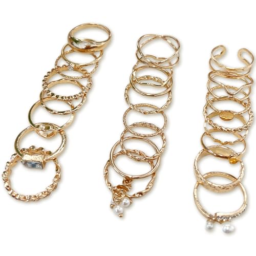 24 Pcs Gold Knuckle Rings Set for Women – Vintage Stackable Midi Rings with CZ Crystals, Twist, Hollow, and Dainty Designs – Adjustable Size Finger Rings Jewelry Gift